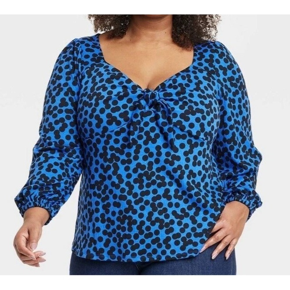 Ava & Viv Plus‎ Size Blue Black Polka Dot Long Balloon Sleeve Tie-Front Shirt 3X